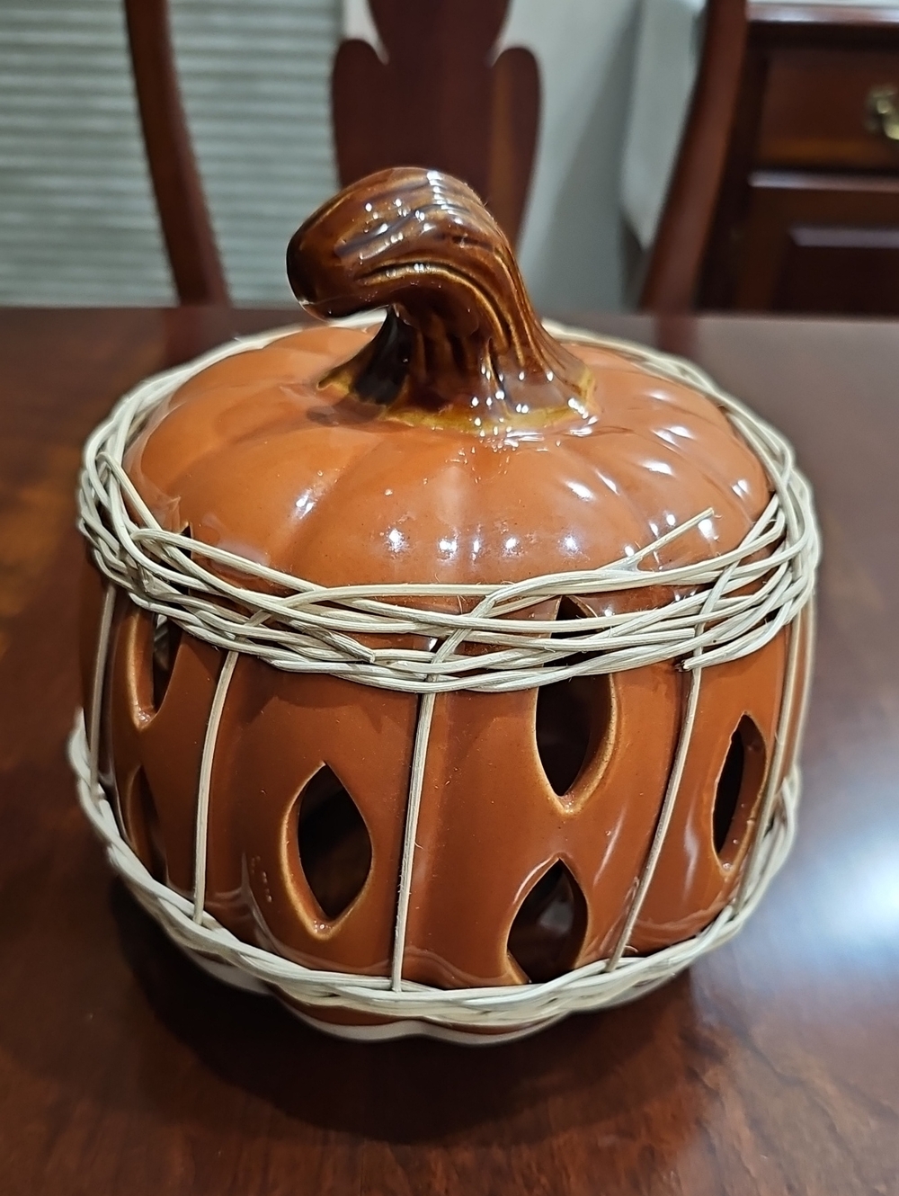 Ceramic Pumpkin Decor with Wicker Accent